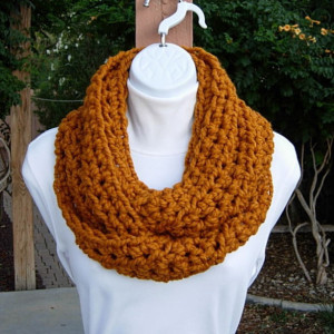 INFINITY SCARF Cowl Loop, Butterscotch Solid Dark Yellow Orange Gold, Soft Wool, Handmade Crochet Knit Circle Wrap..Ready to Ship in 3 Days