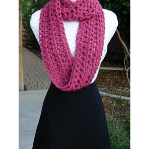 COWL SCARF Infinity Loop, Raspberry Dark Solid Pink, Soft Wool Blend, Crochet Knit Winter Circle Wrap, Neck Warmer..Ready to Ship in 3 Days