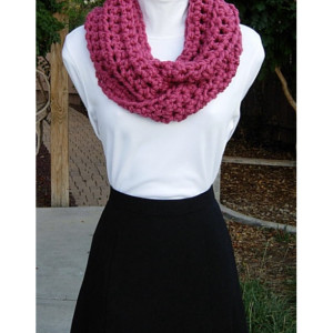 COWL SCARF Infinity Loop, Raspberry Dark Solid Pink, Soft Wool Blend, Crochet Knit Winter Circle Wrap, Neck Warmer..Ready to Ship in 3 Days