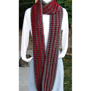 WINTER INFINITY SCARF Loop Cowl Dark Red & Charcoal Gray Grey Striped, Extra Long Soft Crochet Knit Endless Circle..Ready to Ship in 5 Days