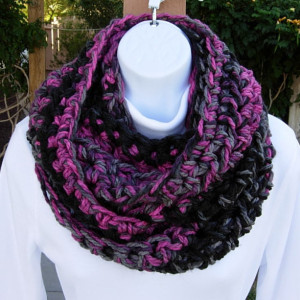 Women's Winter INFINITY SCARF Loop Cowl, Black, Gray Grey, & Raspberry Pink, Thick Soft Bulky Chunky Crochet Knit Circle Scarf, Ready to Ship in 3 Days