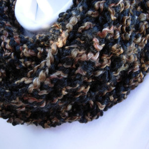 COWL SCARF Infinity Loop Black & Brown Tweed Extra Soft Crochet Knit Thick Bulky Winter Circle Wrap, Neck Warmer..Ready to Ship in 3 Days