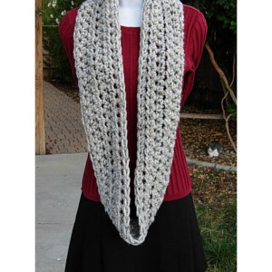 COWL SCARF Infinity Loop, Light Grey Gray with Black & Tan, Wool Acrylic Tweed, Crochet Knit, Winter Circle Wrap..Ready to Ship in 3 Days