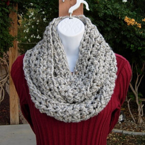 COWL SCARF Infinity Loop, Light Grey Gray with Black & Tan, Wool Acrylic Tweed, Crochet Knit, Winter Circle Wrap..Ready to Ship in 3 Days