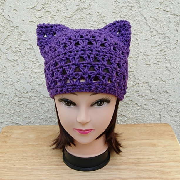 Dark Purple Pussy Cat Hat, Summer PussyHat, 100% Cotton Lightweight Crochet Knit Solid Purple Thin Spring Beanie, Ready to Ship in 3 Days