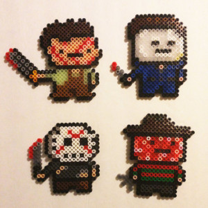 Set of 4-1990s Scary Movie Perler Ornaments/Magnets- Jason- Michael Myers- Leather Face- Freddy Kruger