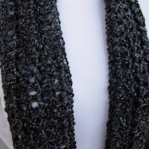 INFINITY SCARF Loop Cowl, Long Black Dark, Light Grey Gray Tweed Multicolor, Extra Soft Warm Crochet Knit, Winter..Ready to Ship in 3 Days