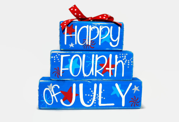 Happy Fourth of July Fireworks Stars Red White Blue WoodenBlock Shelf Sitter Stack