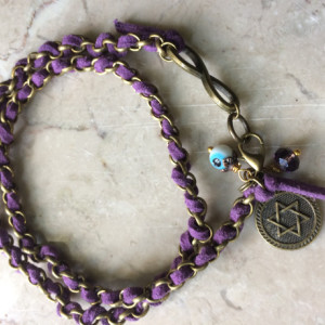 Purple leather/Bronze chain bracelet,Infinite link, evil eye charm, start of david charm. #B00247