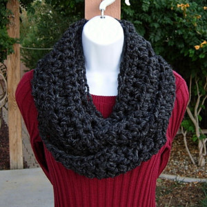 INFINITY SCARF Loop Cowl, Dark Charcoal Grey Gray Black. Soft Wool Blend Lightweight Winter Circle, Neck Warmer..Ready to Ship in 3 Days