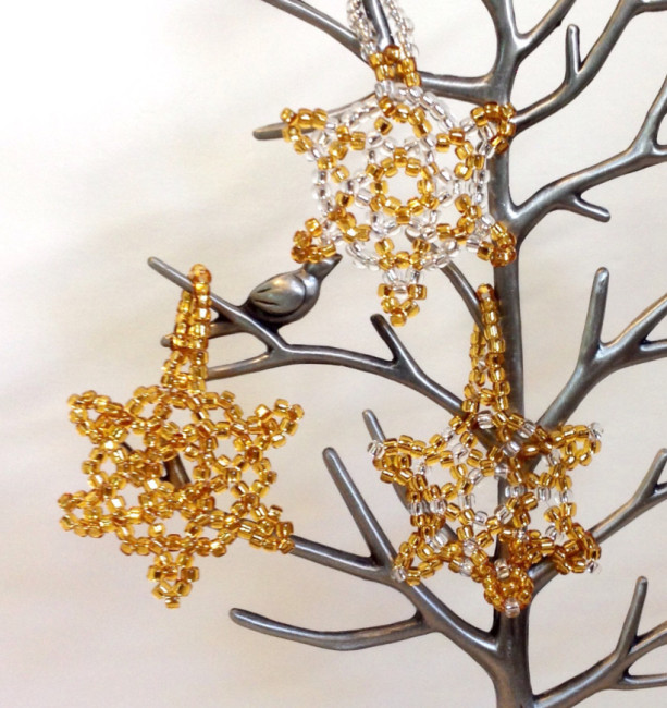 3 Snowflake Ornaments, Gold and Silver Beaded Christmas Ornaments, Christmas Tree Decoration, Handmade Holiday Ornament, Christmas Gift Wrap