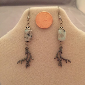 Sterling Silver and Kiwi Jasper with Pewter Antlers Earrings