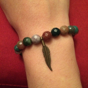 Indian agate bracelet with feather charm