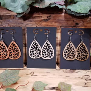 Wooden- Bohemian - Teardrop Dangle Style - Laser Cut - Lightweight- Birthday Gift - 3 Finishes Available - Natural, Brown or Lt Red Stained