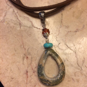 Brown suede leather necklace with teardrop Moss agate stone pendant. #N00138