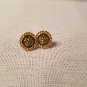 Authentic Iconic Designer Four Leaf Clover Button Earrings Gold, Insignia Ring Classic Designer Up-Cycled Button Jewelry
