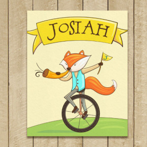 Personalized 8X10 Art Print, Cute Fox, Fox on a Unicycle, Trumpet, Banner, Kids Name Plaques, Fox Wall Art
