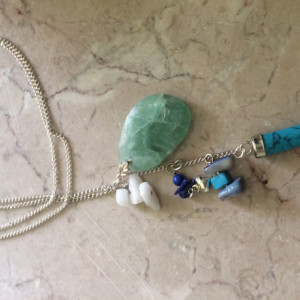 Boho Long Necklace with turquoise stone claw pendant & stone charms #N00149