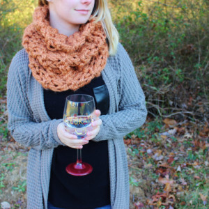 Rusted Peach Knitted Circle Scarf with Double Knit Loop Pattern, Chunky Soft Fashion Neck Warmer