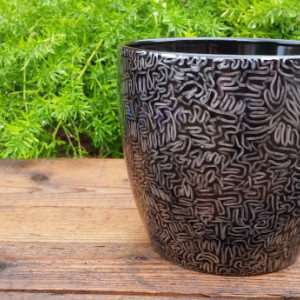 Black Ceramic Pot with Beautiful Silver Hand-Drawn “Single Line Design”