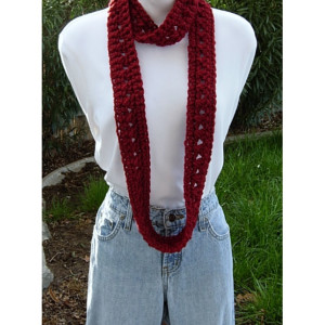 Skinny INFINITY SCARF, Soft 100% Acrylic, Women's Small Loop Cowl, Dark Solid Red Soft Crochet Knit, Narrow Neck Tie, Ready to Ship in 2 Days
