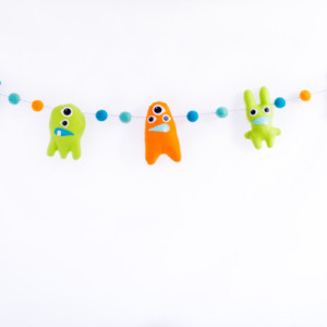 Monster garland, Felt ball garland with monsters, Monster theme party decor, Birthday decor, Adopt a monster party supplies