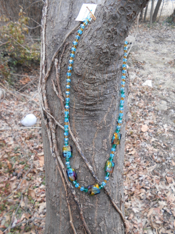 Aqua and Golden Yellow Crystals and Muti Colored Foil Bead Necklace