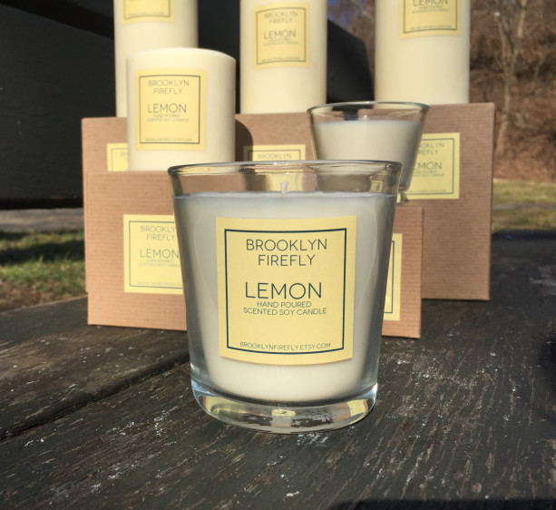 Lemon Candle. Scented Soy. 12 Ounce Reusable Glass Jar. Gift Boxed. 