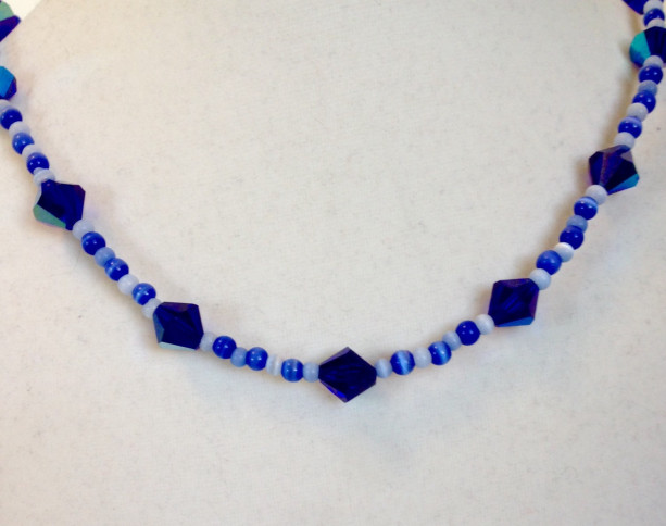 Blue Crystal and Cat's Eye Beaded Necklace, Cobalt Blue 19 Inch Single Strand Handmade Necklace, AB Coated Glass Crystal Beads, Woman's Gift