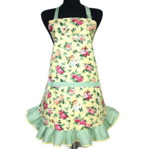 Flower Print Apron for Women, Roses and Magnolias on Yellow with Green Check Ruffle, Retro Kitchen Decor