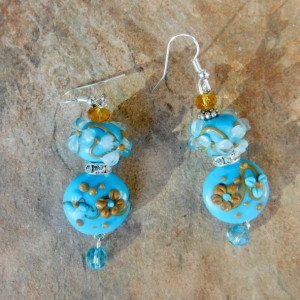 Lamp Work Bead Earrings,  Raised Flower Design Bead, Dangling  Glass Earring, Blue Brown Lamp Work, Handmade  Gift for Her
