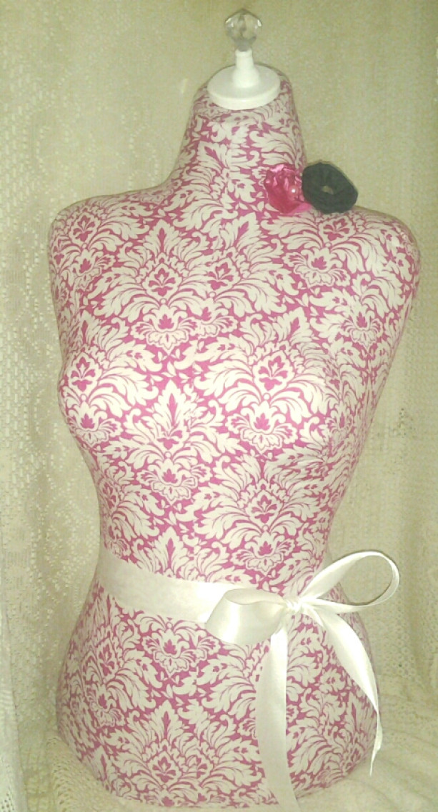 Pink Damask decorative dress form, life size tutu apron display torso.