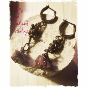 Natural Ruby and oxidized Sterling Silver Leverback earrings