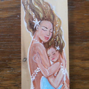  Mermaid and Baby Hand Painted Original Art on Recycled Cedar Panel- Rustic beach House Decor
