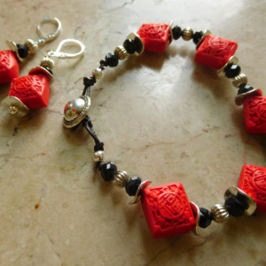 3D Red Cinnabar Carved square beads and black beads bracelet with earrings set matching.#BES00122
