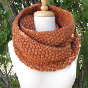 Orange Knit Infinity Scarf - Handmade Warm Soft Winter Accessory