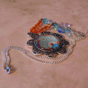 Decorative Floral Silver White Light Blue Turquoise Glass Pendant Orange Swarovski Crystal Blue Turquoise Clear Iridescent Beads Necklace