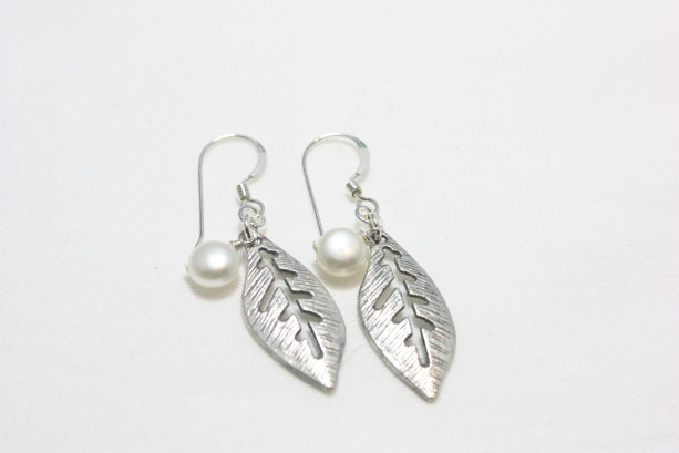 Antiqued Silver Leaf Pearl Earrings, Cultured Freshwater Pearls