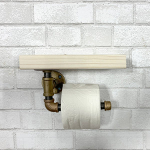 Brass Industrial Toilet Paper Holder with Rustic top shelf. 