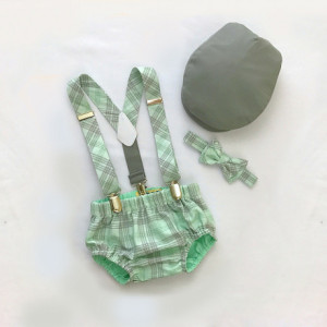 Suspender and Diaper Cover Set with Matching Bow Tie and Newsboy Cap