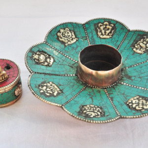 Tibetan Copper Lotus Shape Incense Burner & Candle Holder with 8 Auspicious Symbols, Tibetan Incense Holder