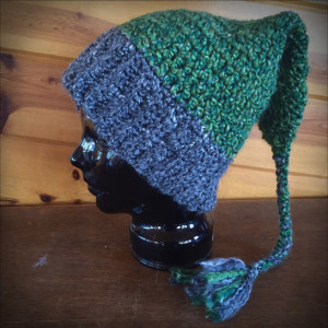 green & gray handmade crochet hat with tail (9811)