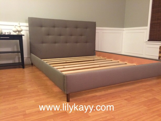 Mid century modern  headboard and bed frame Gray Linen upholstered