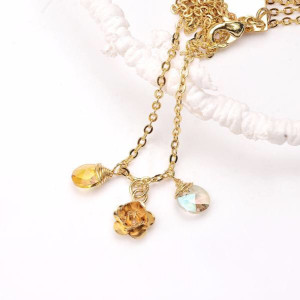 Yellow Gemstone Pendant Necklace. Tiny Gold Flower Pendant Necklace. Double Crystal Necklace. Devotion Necklace 2