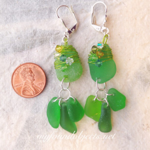 By the Sea, Wire Wrapped Statement Sea Glass and Crystal Dangle Earrings 