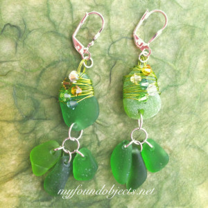 By the Sea, Wire Wrapped Statement Sea Glass and Crystal Dangle Earrings 