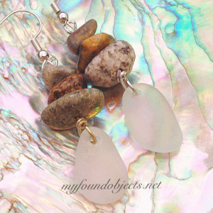 By the Sea, Seaglass and River Rock Dangle Earrings, Silver