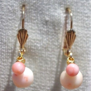 GEM QUALITY ANTIQUE 14K GOLD FILLED DOUBLE 8 MM ANGEL SKIN CORAL EARRINGS