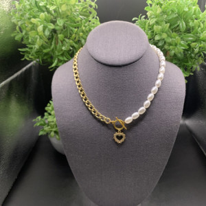 Half Chain|Half Pearl Toggle Necklace 