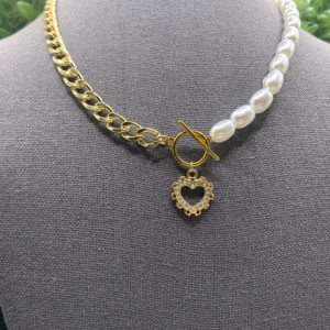 Half Chain|Half Pearl Toggle Necklace 